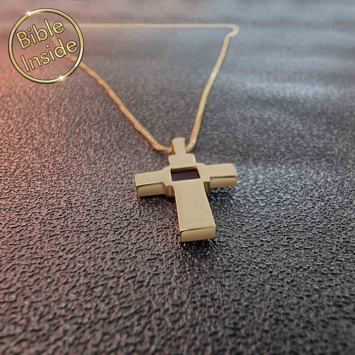 mens gold cross and chain with nano bible - Nano Jewelry